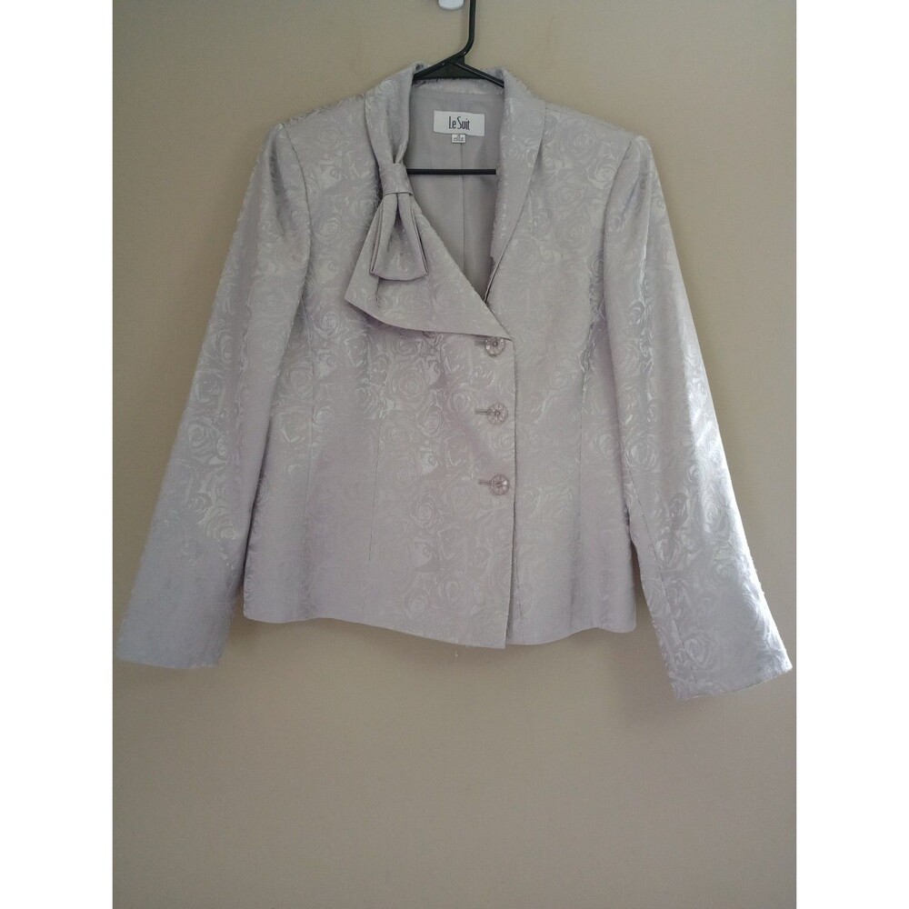 Le Suit Silver Metallic 3 Button Blazer with Bow Detail Size 14